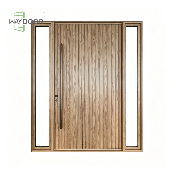 Light Oak Solid Wood Hinged Entry Door with Dual Sidelites