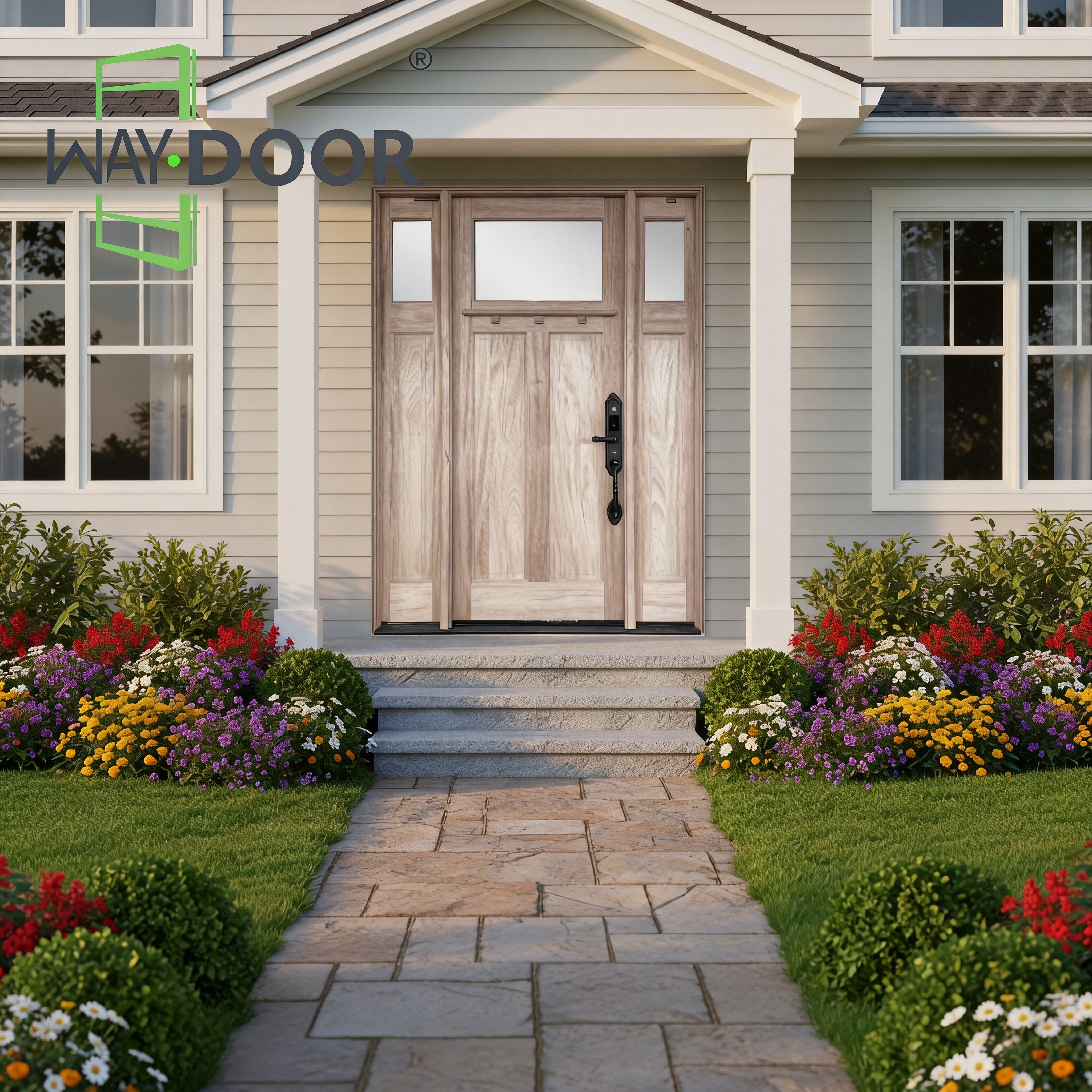 Modern High-Security Solid Wood Front Door with Glass & Sidelights