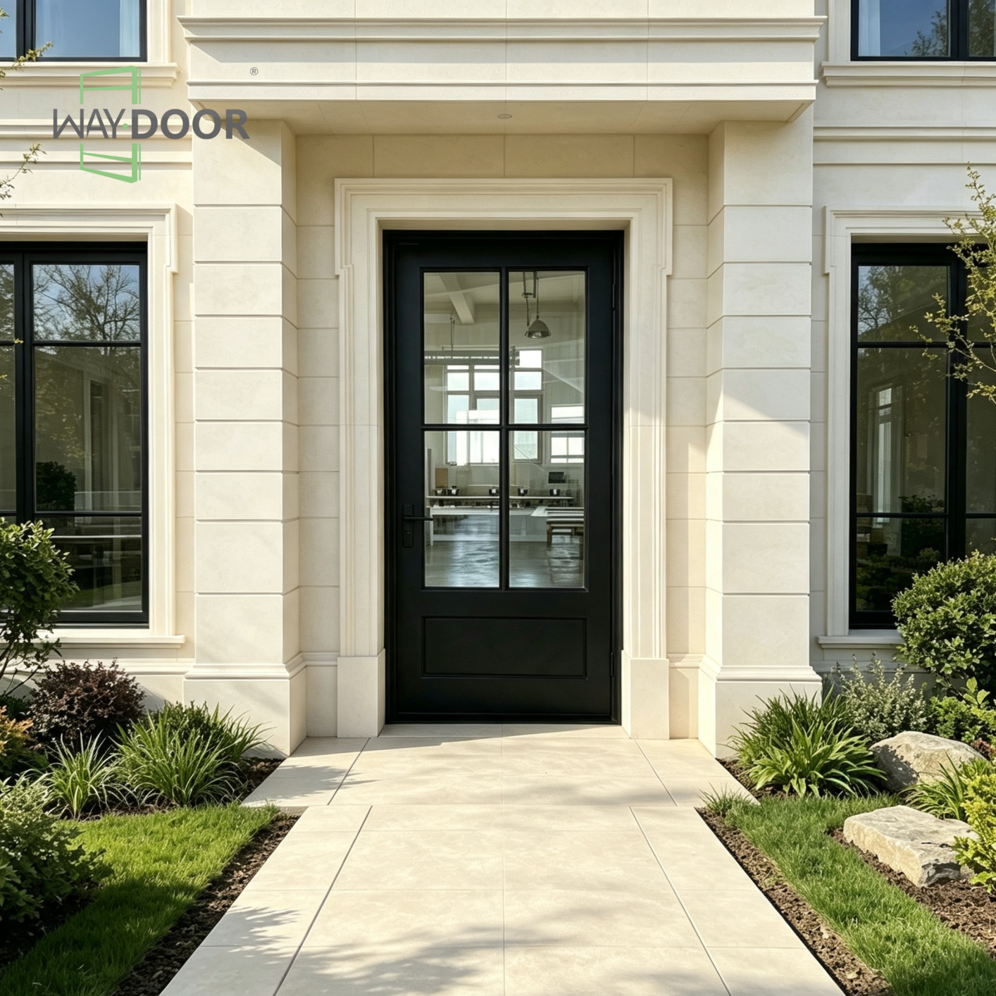 Matte Black 5-Lite Glass Solid Wood Hinged Front Door