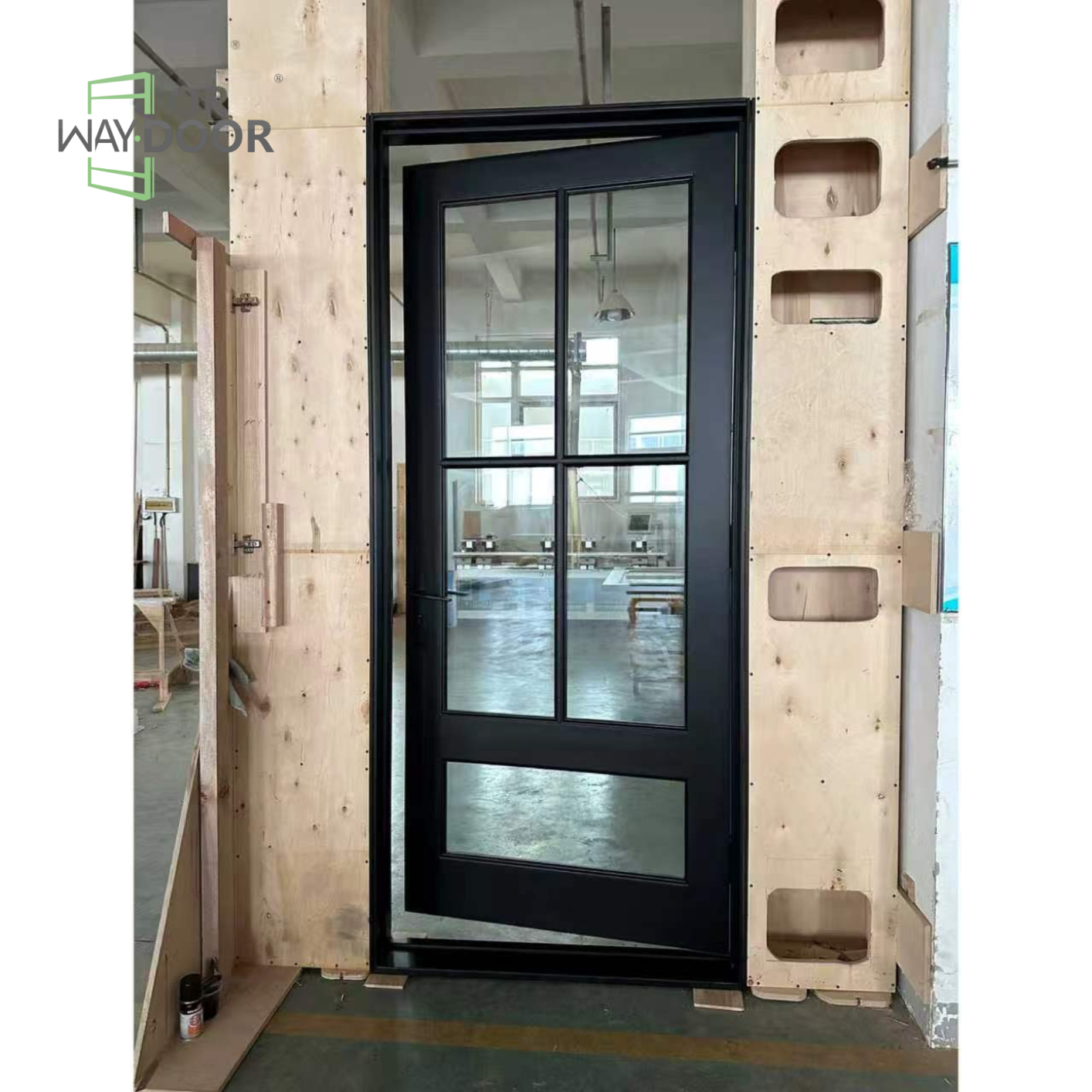 Matte Black 5-Lite Glass Solid Wood Hinged Front Door
