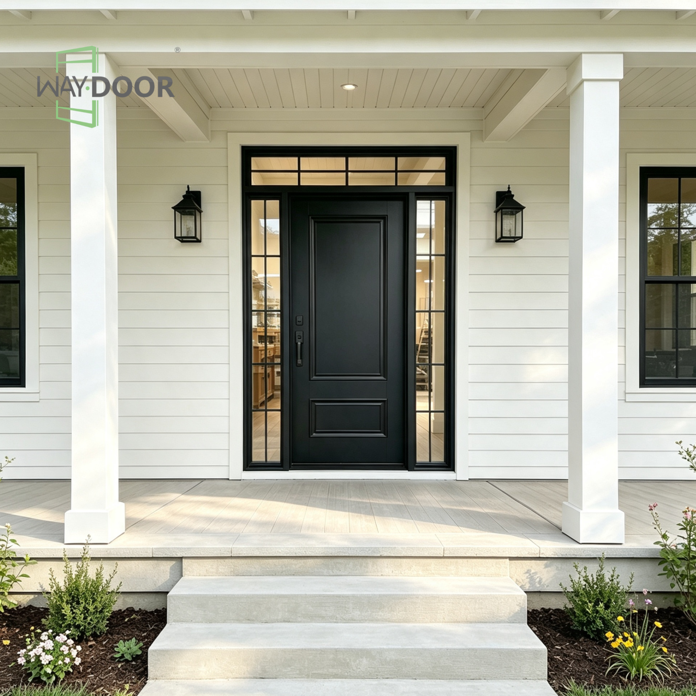 Matte Black Milled‑Panel Solid Wood Entry Door Set