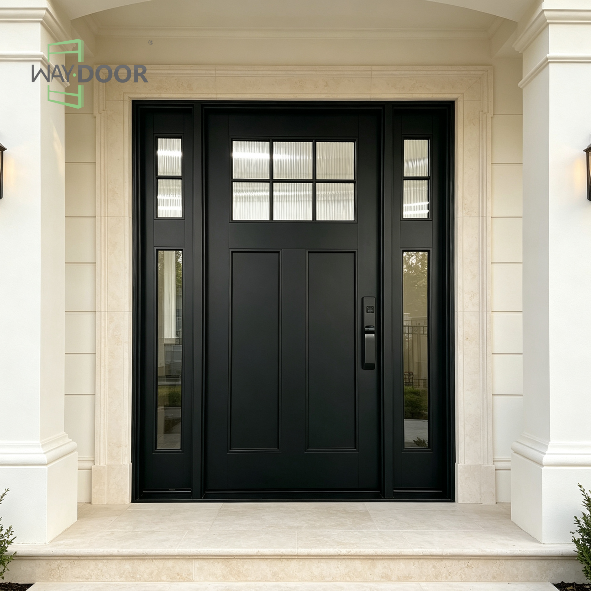 Matte Black Solid Wood Exterior Entry Door with Sidelites