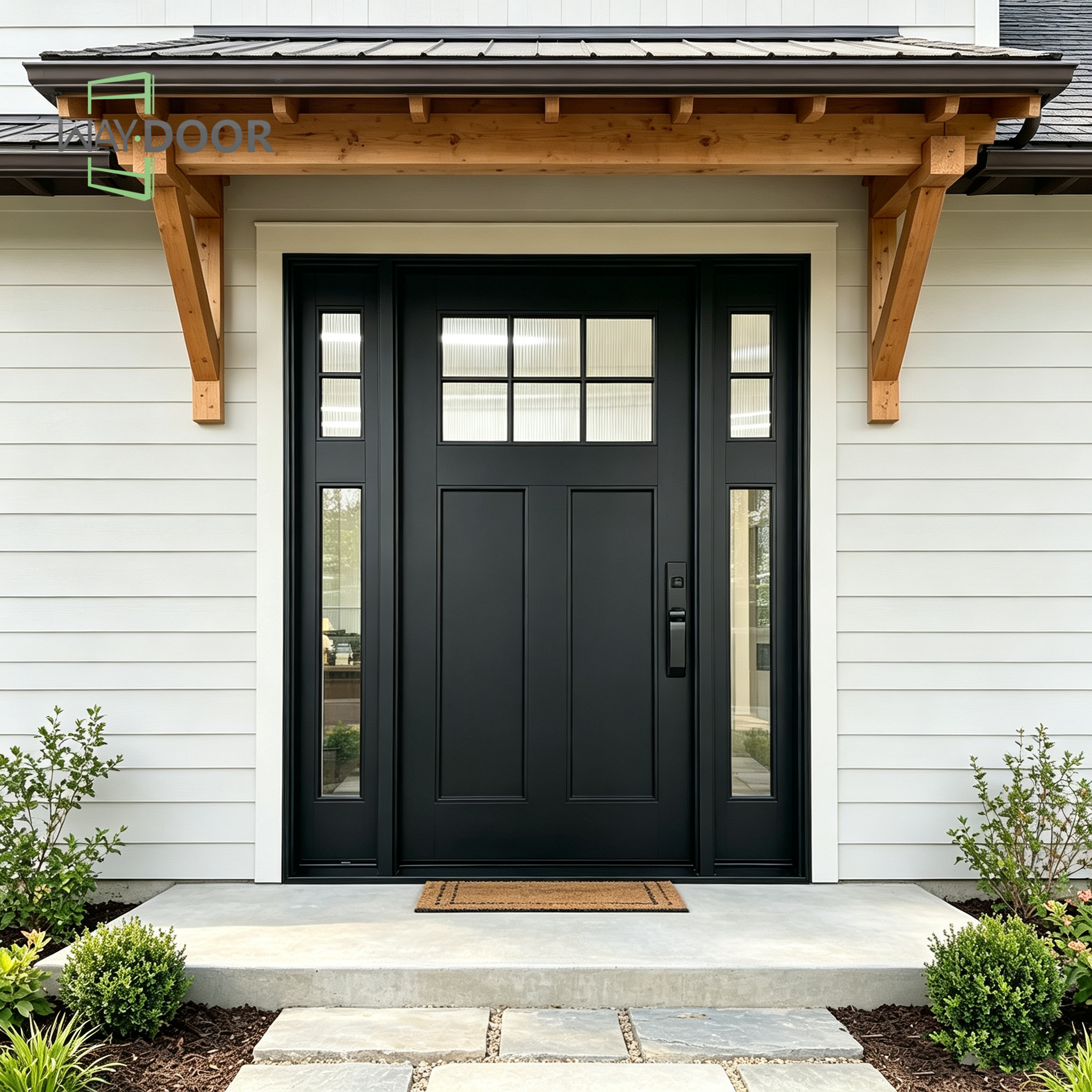 Matte Black Solid Wood Exterior Entry Door with Sidelites