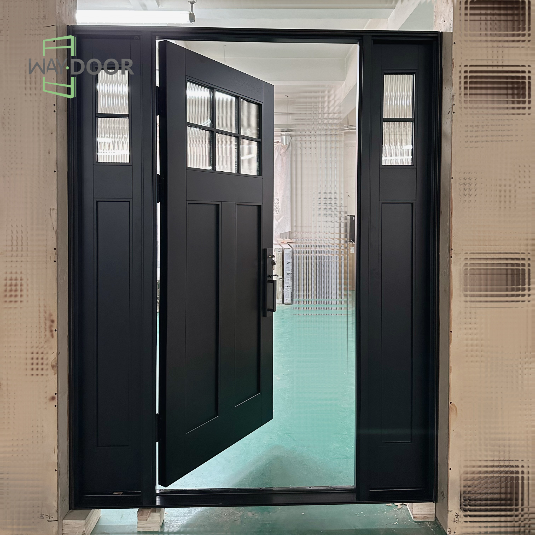 Matte Black Solid Wood Exterior Entry Door with Sidelites