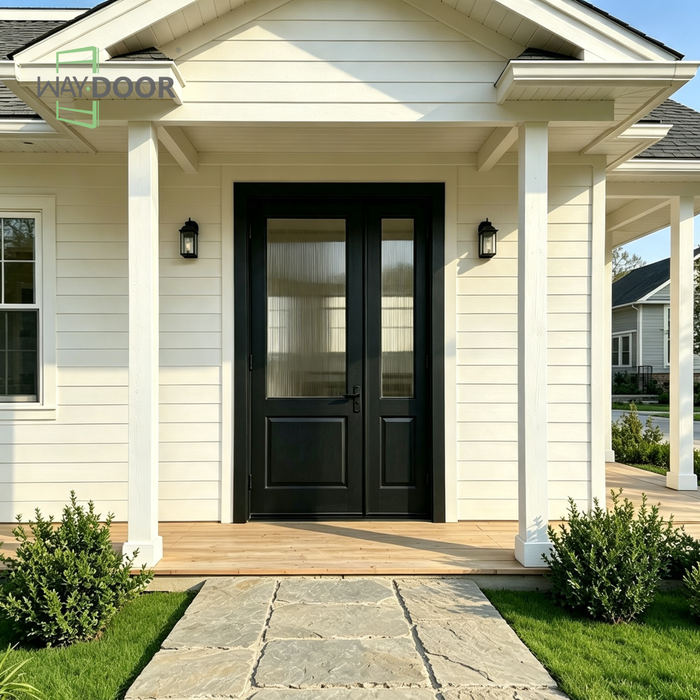 Matte Black Solid Wood Fluted Glass Entry Door with Sidelite