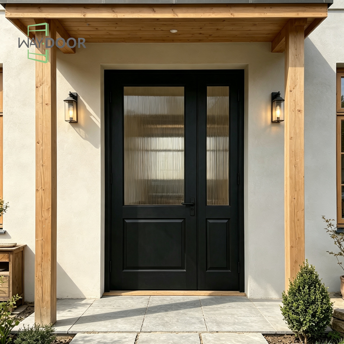 Matte Black Solid Wood Fluted Glass Entry Door with Sidelite