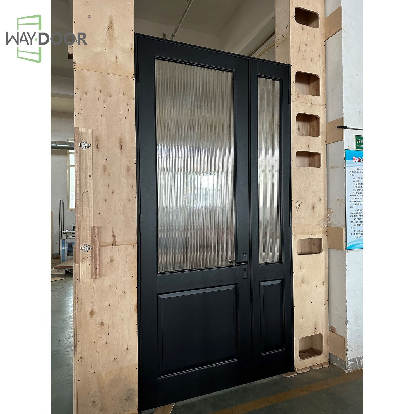 Matte Black Solid Wood Fluted Glass Entry Door with Sidelite