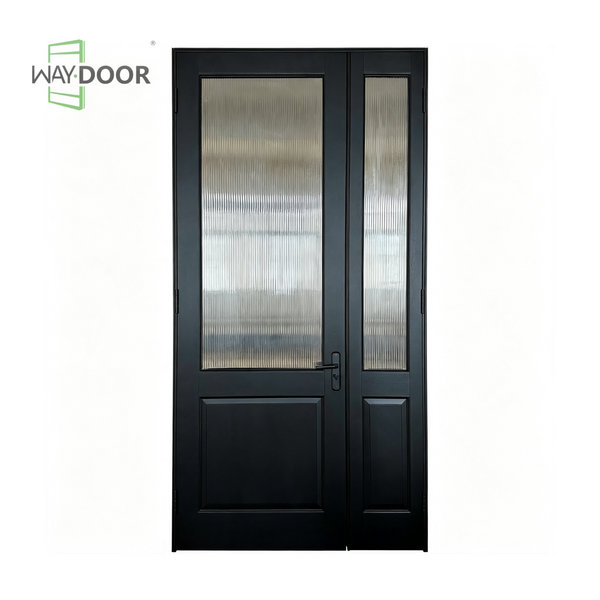 Matte Black Solid Wood Fluted Glass Entry Door with Sidelite