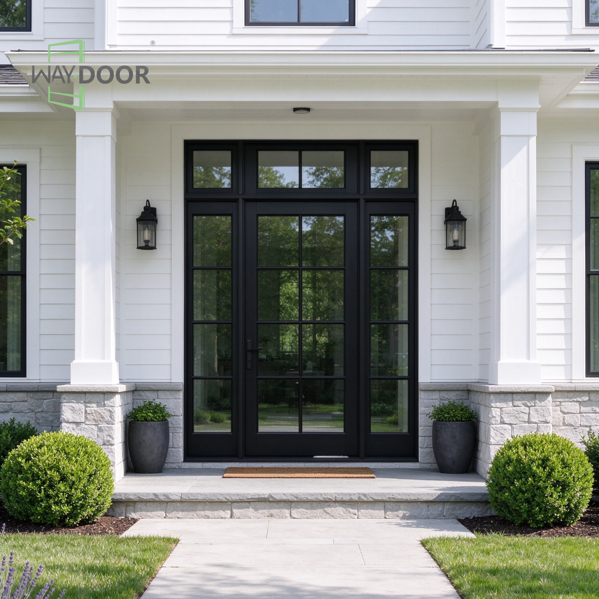 Matte Black True Grille Transitional Entry Pivot Door with Sidelites & Transom