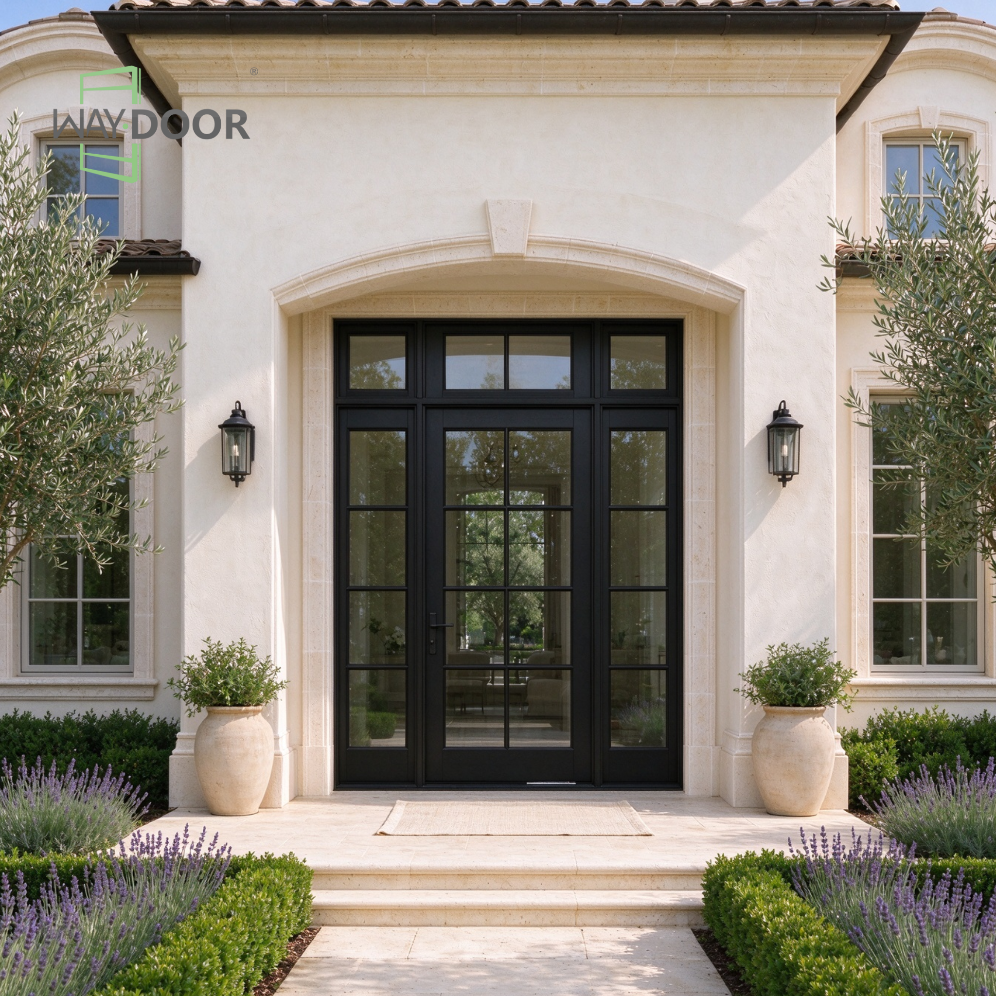 Matte Black True Grille Transitional Entry Pivot Door with Sidelites & Transom