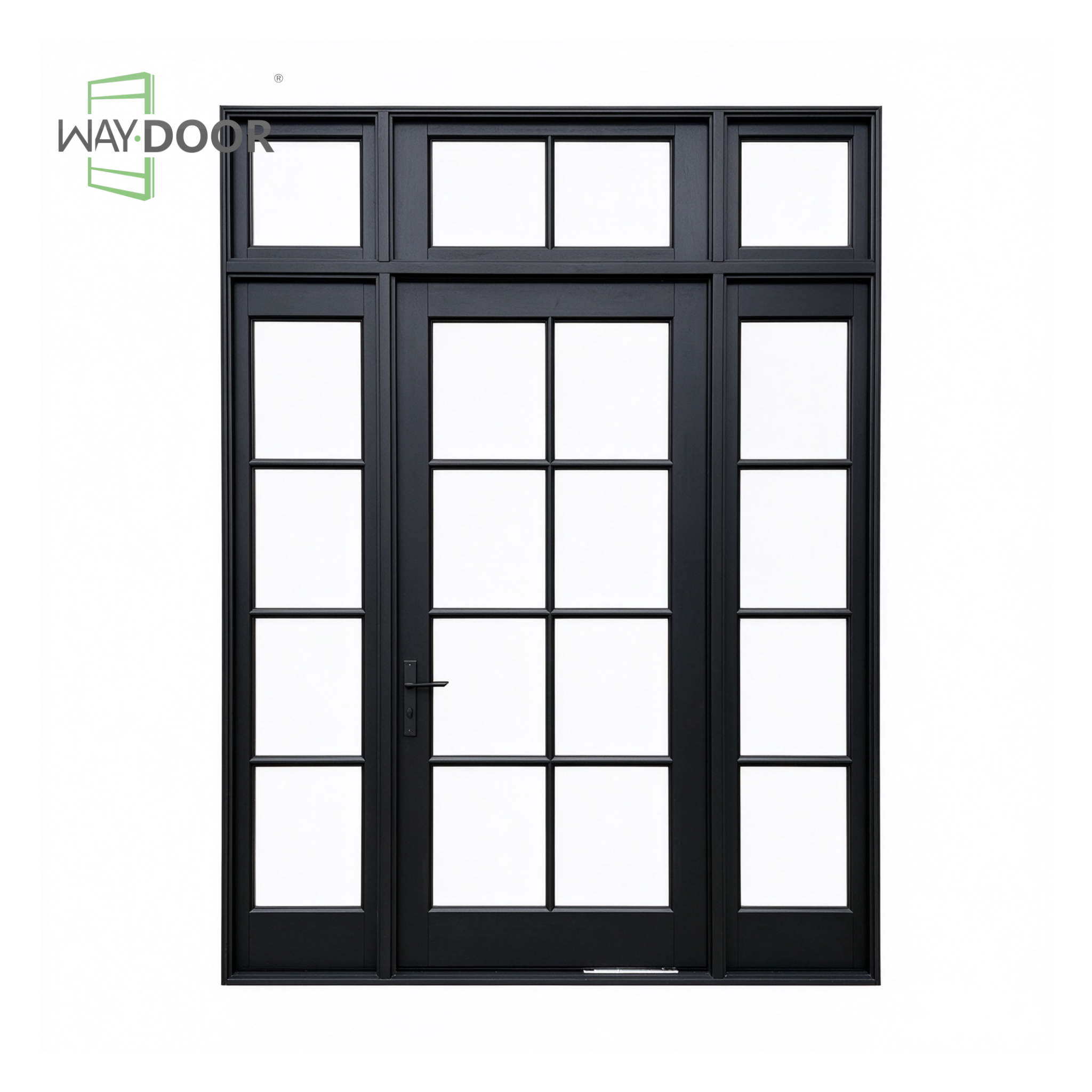 Matte Black True Grille Transitional Entry Pivot Door with Sidelites & Transom