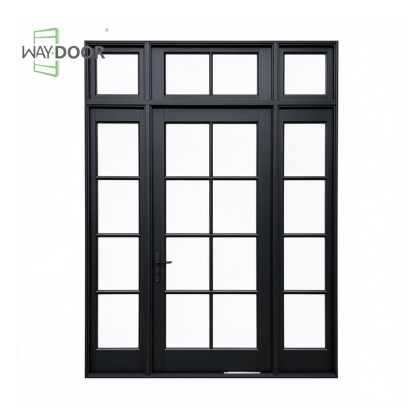 Matte Black True Grille Transitional Entry Pivot Door with Sidelites & Transom