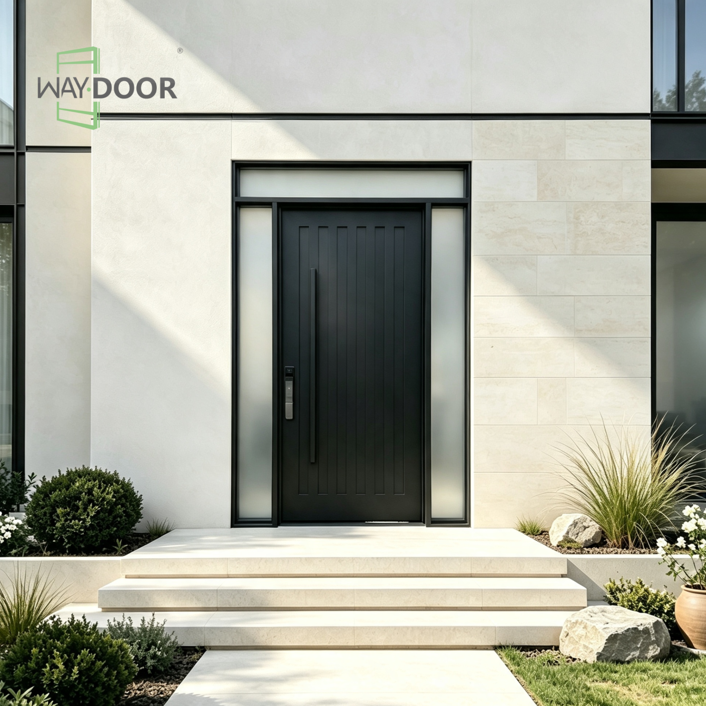 Matte Black Vertical Groove Solid Wood Entry Door with Sidelites & Transom