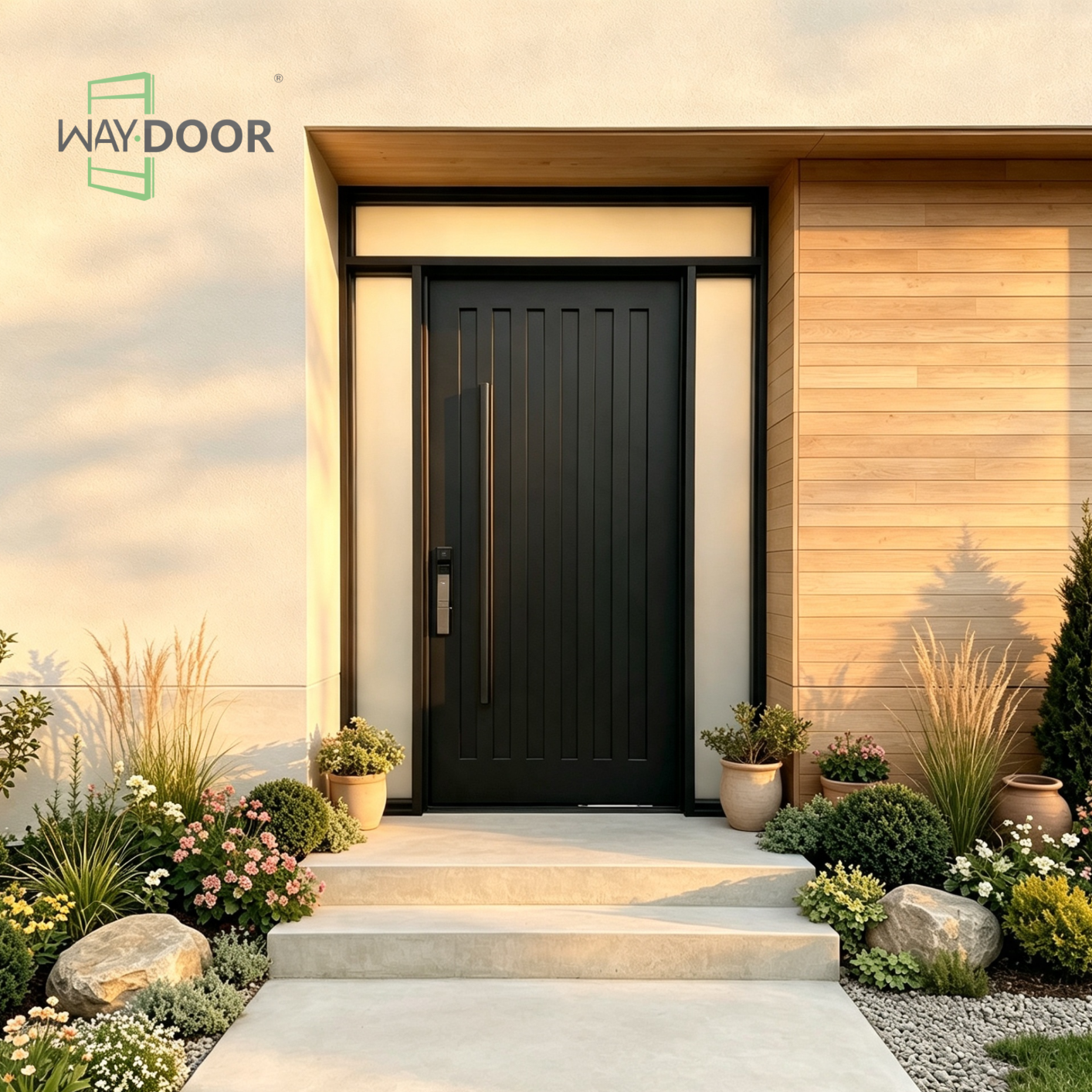 Matte Black Vertical Groove Solid Wood Entry Door with Sidelites & Transom