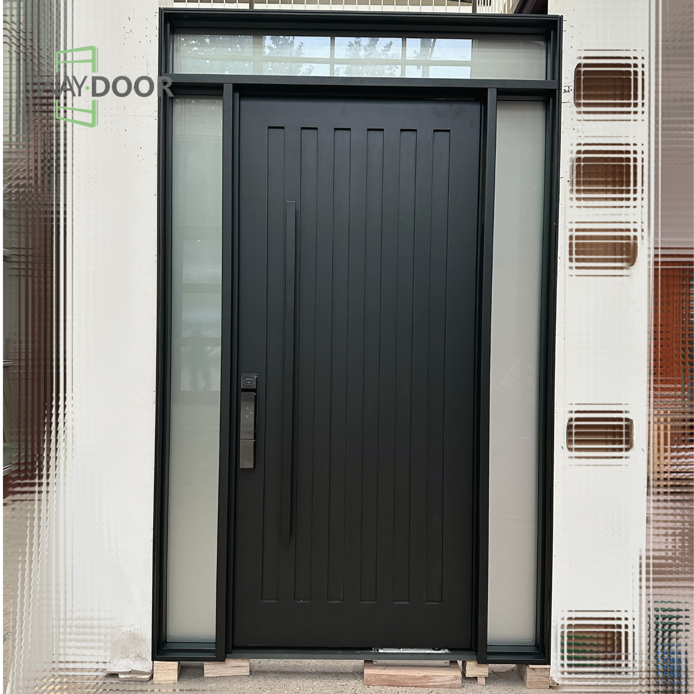 Matte Black Vertical Groove Solid Wood Entry Door with Sidelites & Transom