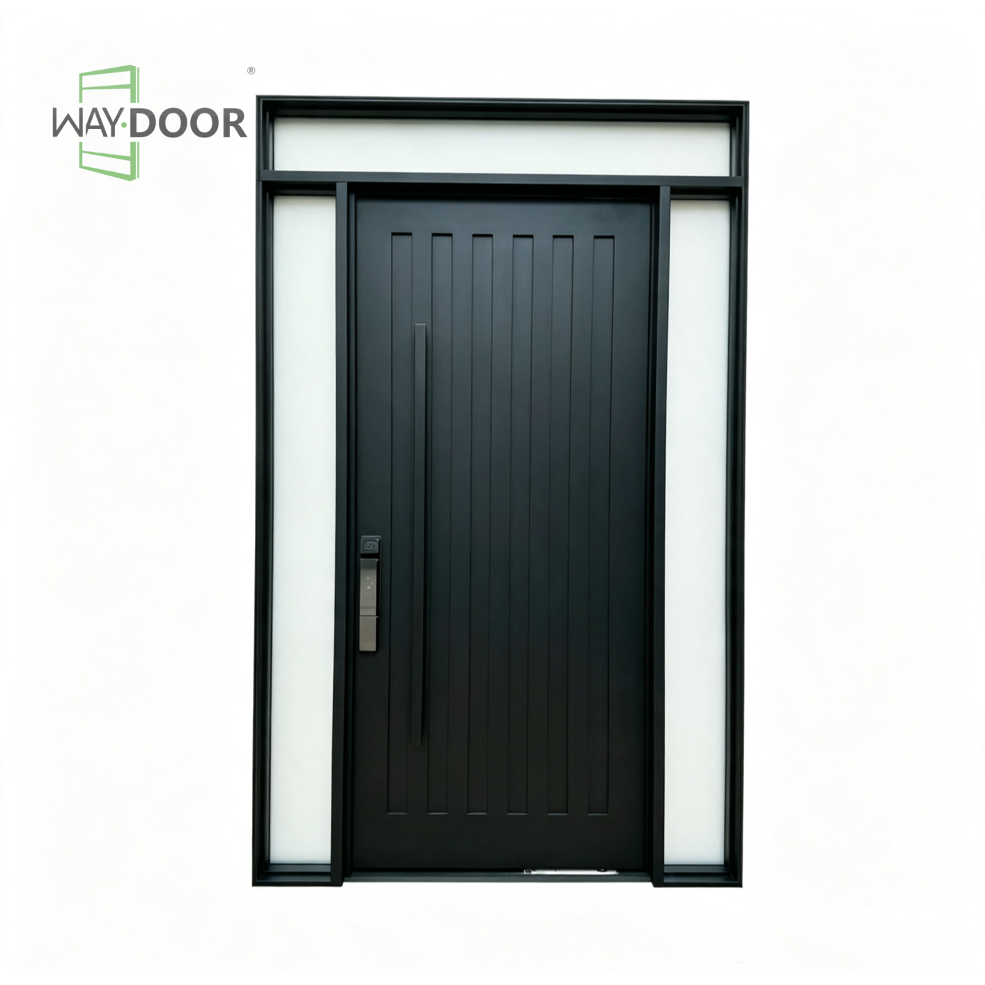 Matte Black Vertical Groove Solid Wood Entry Door with Sidelites & Transom