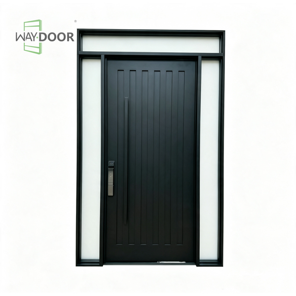 Matte Black Vertical Groove Solid Wood Entry Door with Sidelites & Transom
