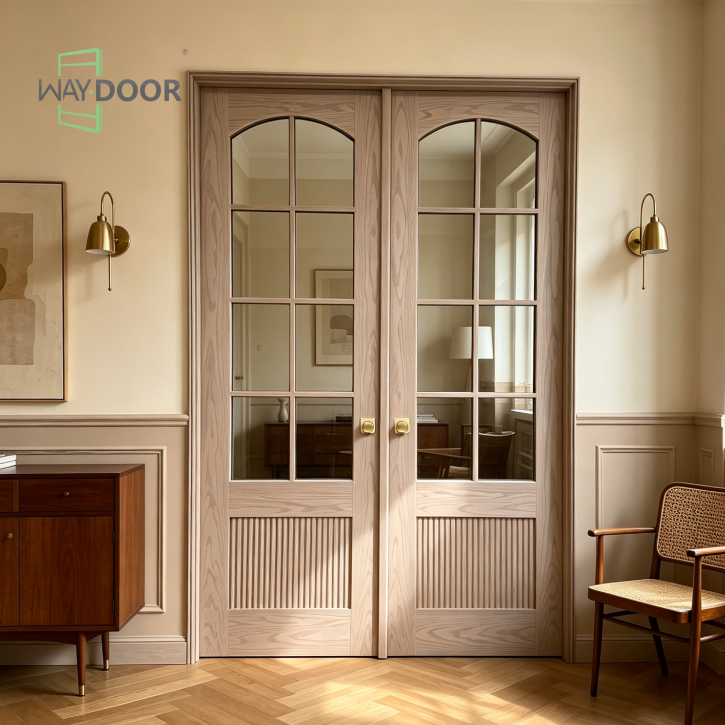 Mid-Century Fluted Arched Glass Double Interior Door