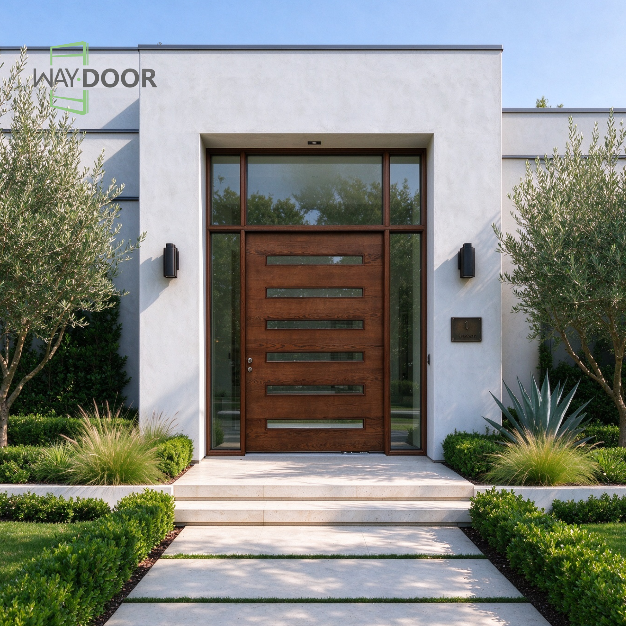 Mid-Century Modern Brown Solid Wood Front Door with Sidelites & Transom
