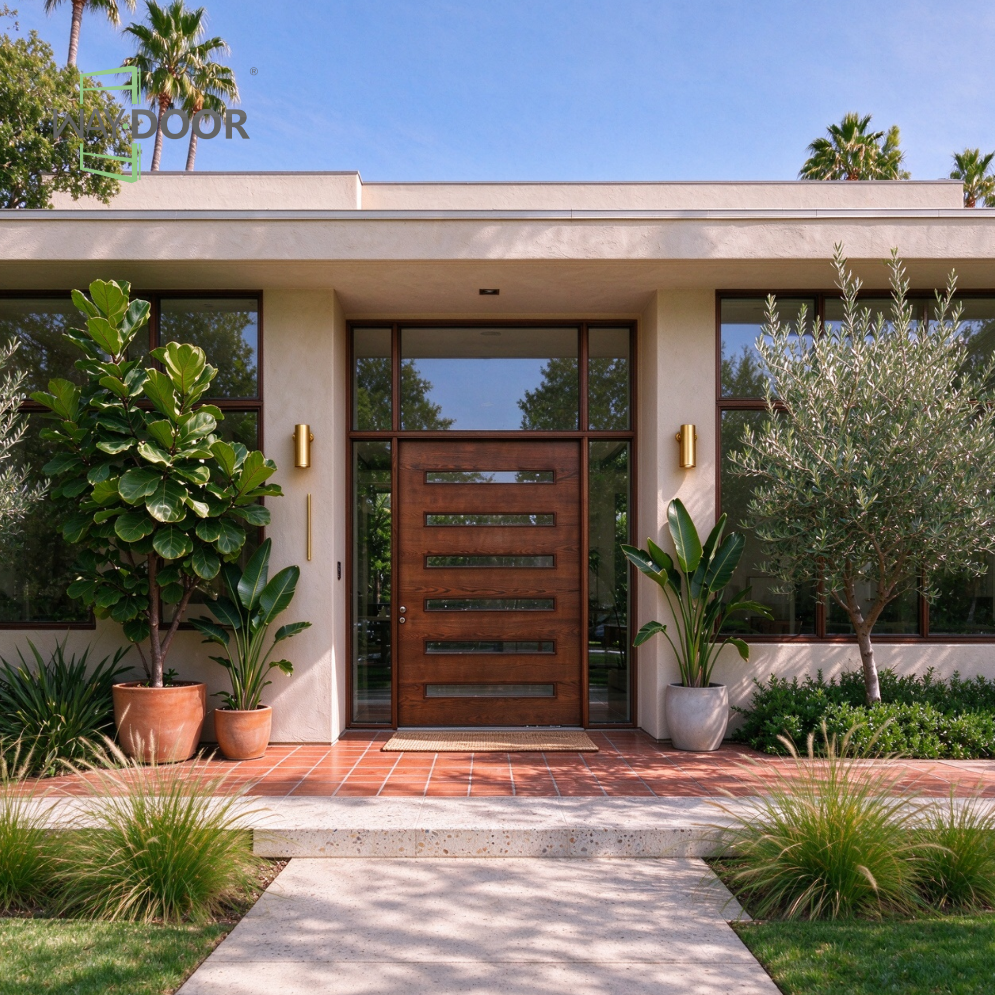 Mid-Century Modern Brown Solid Wood Front Door with Sidelites & Transom