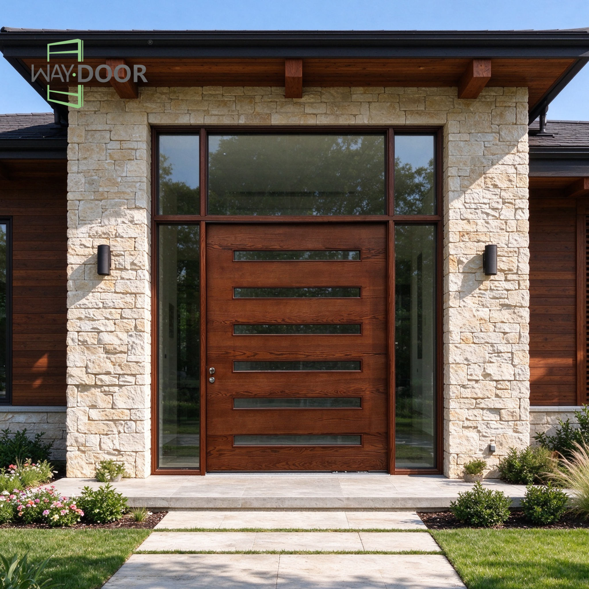 Mid-Century Modern Brown Solid Wood Front Door with Sidelites & Transom
