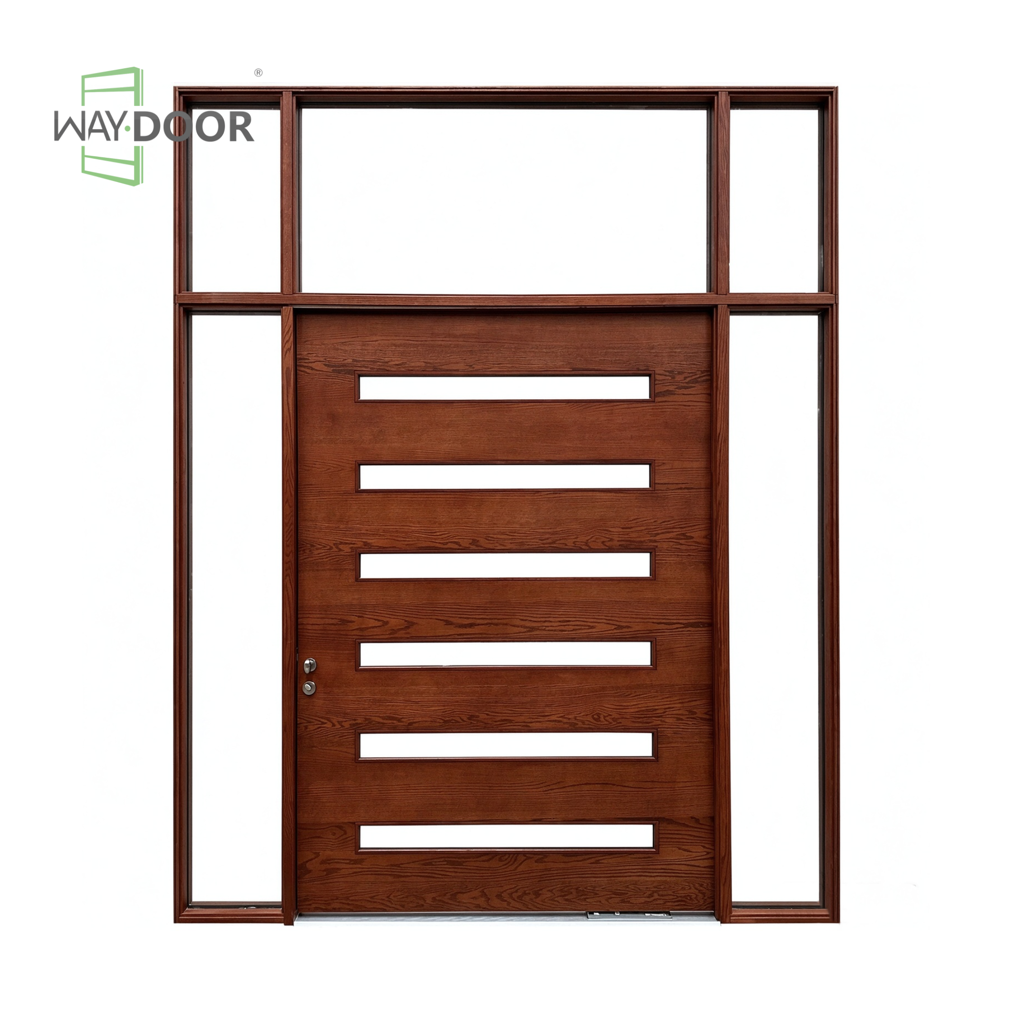 Mid-Century Modern Brown Solid Wood Front Door with Sidelites & Transom