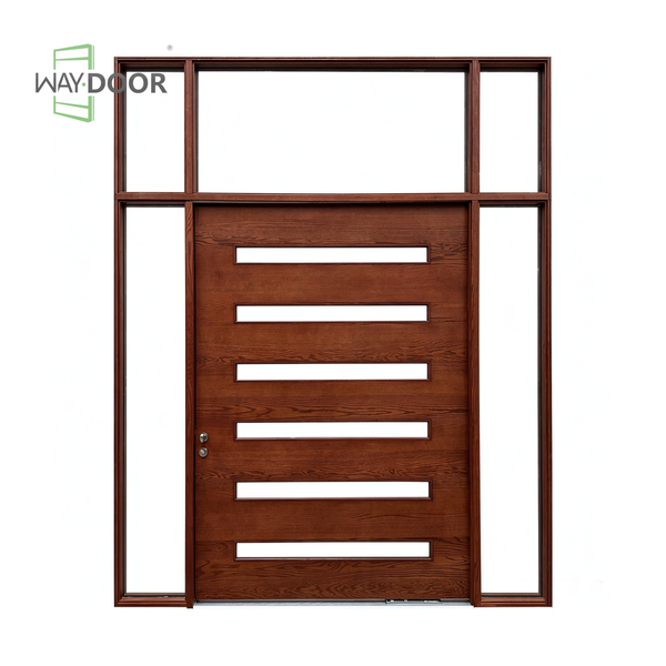 Mid-Century Modern Brown Solid Wood Front Door with Sidelites & Transom