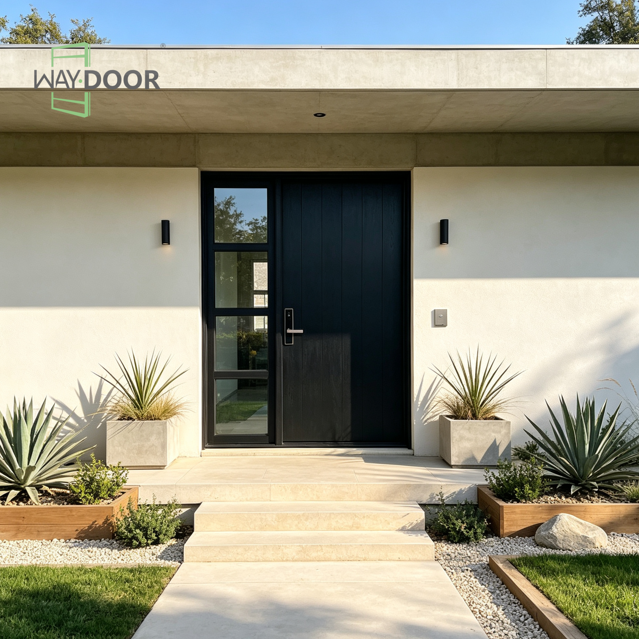 Mid-Century Modern Solid Wood Entry Door with 4-Lite Clear Glass Sidelight