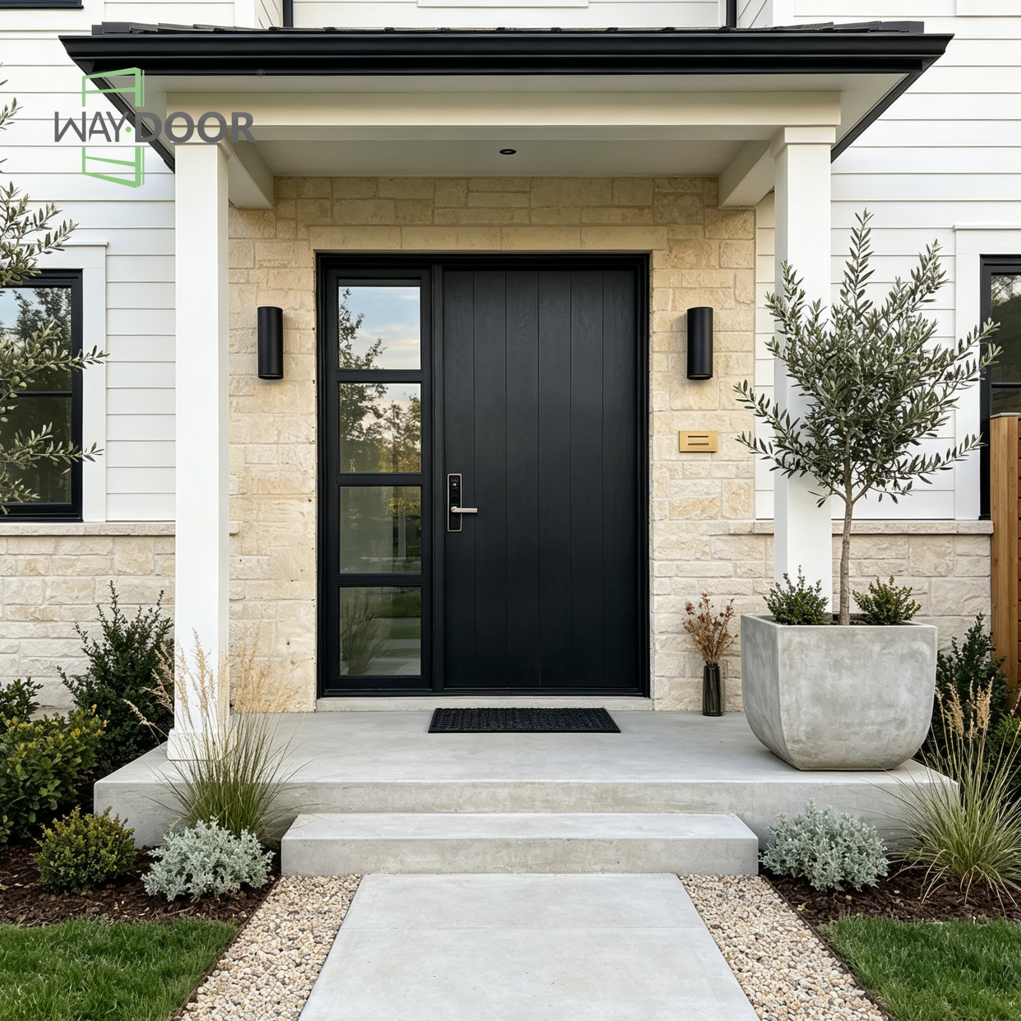 Mid-Century Modern Solid Wood Entry Door with 4-Lite Clear Glass Sidelight