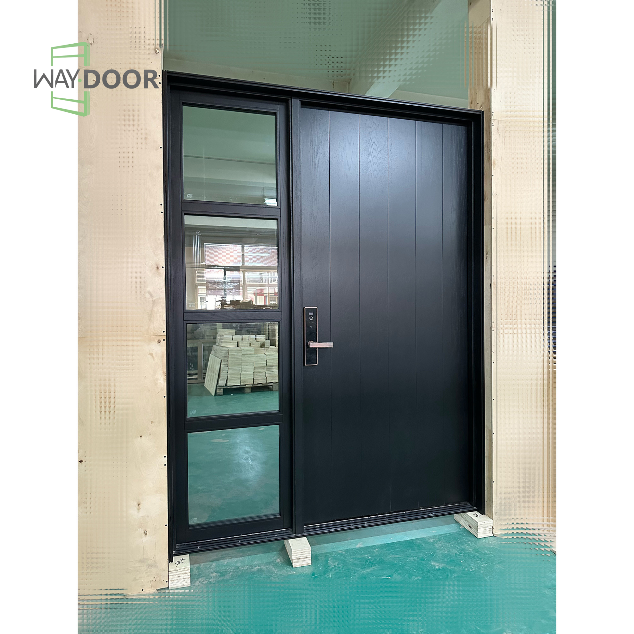 Mid-Century Modern Solid Wood Entry Door with 4-Lite Clear Glass Sidelight