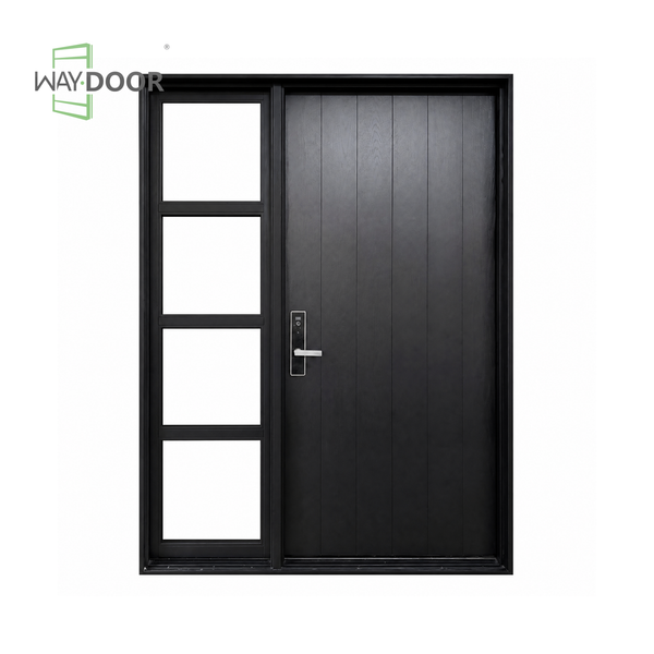 Mid-Century Modern Solid Wood Entry Door with 4-Lite Clear Glass Sidelight