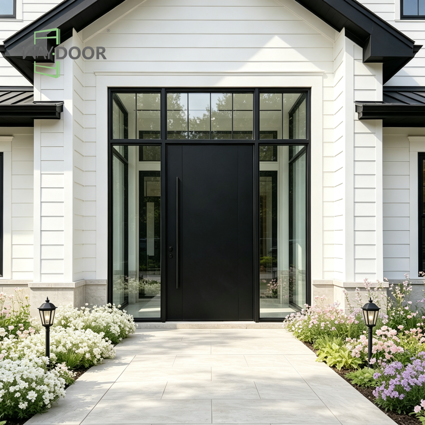 Minimalist Solid Wood Exterior Pivot Entry Door with Sidelights and Transom Window