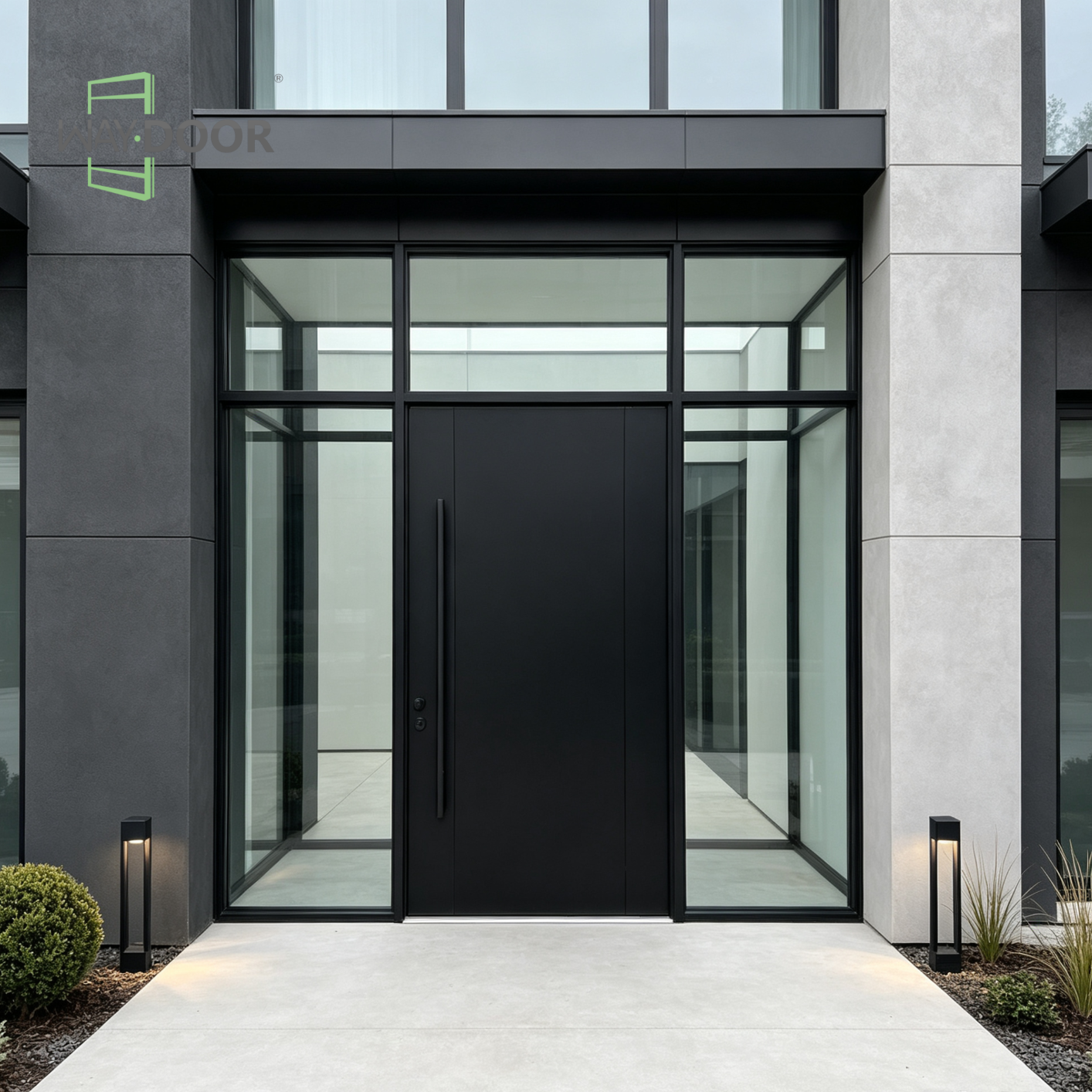 Minimalist Solid Wood Exterior Pivot Entry Door with Sidelights and Transom Window