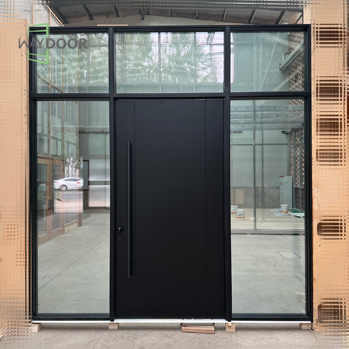 Minimalist Solid Wood Exterior Pivot Entry Door with Sidelights and Transom Window
