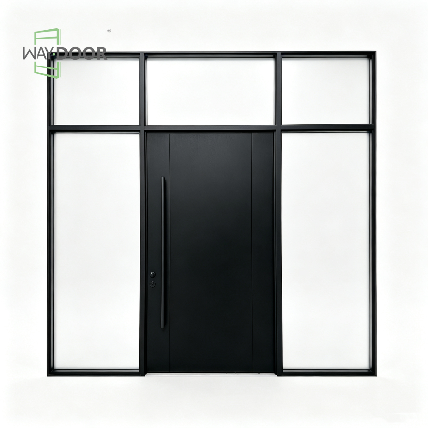 Minimalist Solid Wood Exterior Pivot Entry Door with Sidelights and Transom Window