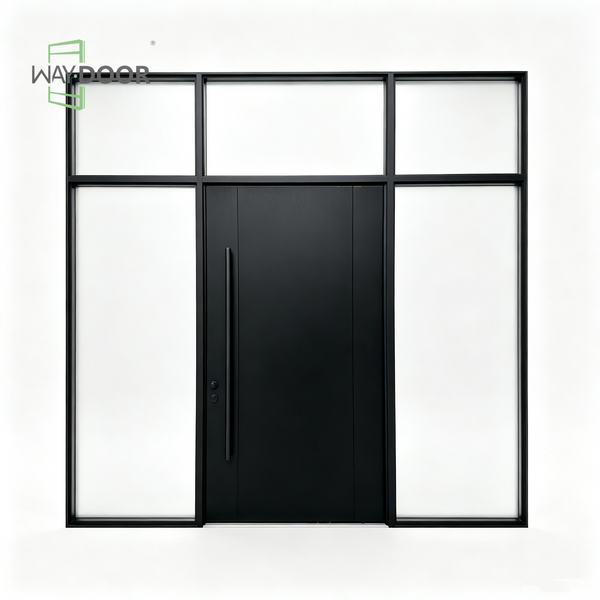 Minimalist Solid Wood Exterior Pivot Entry Door with Sidelights and Transom Window