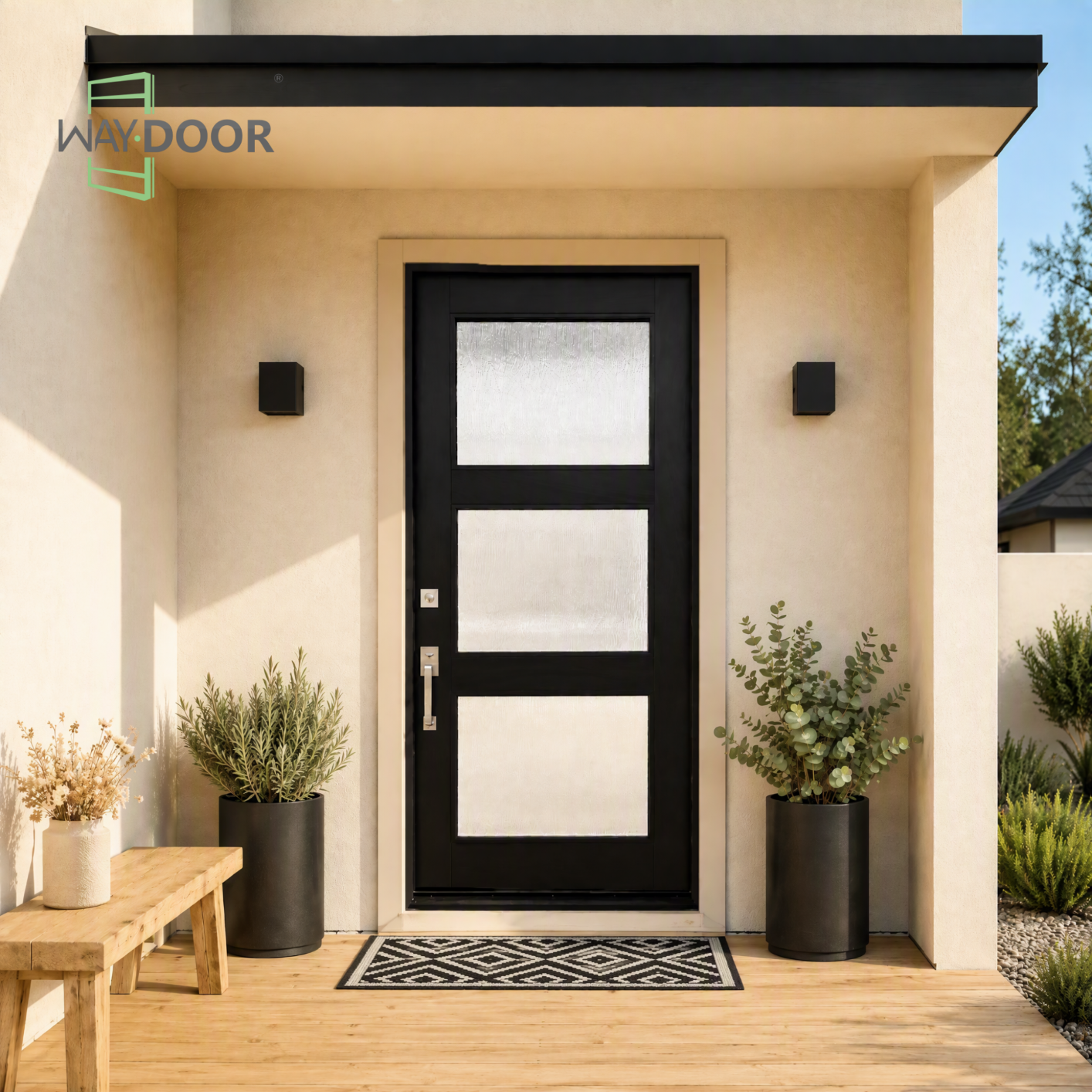 Modern 3-Lite Textured Glass Solid Wood Hinged Entry Door