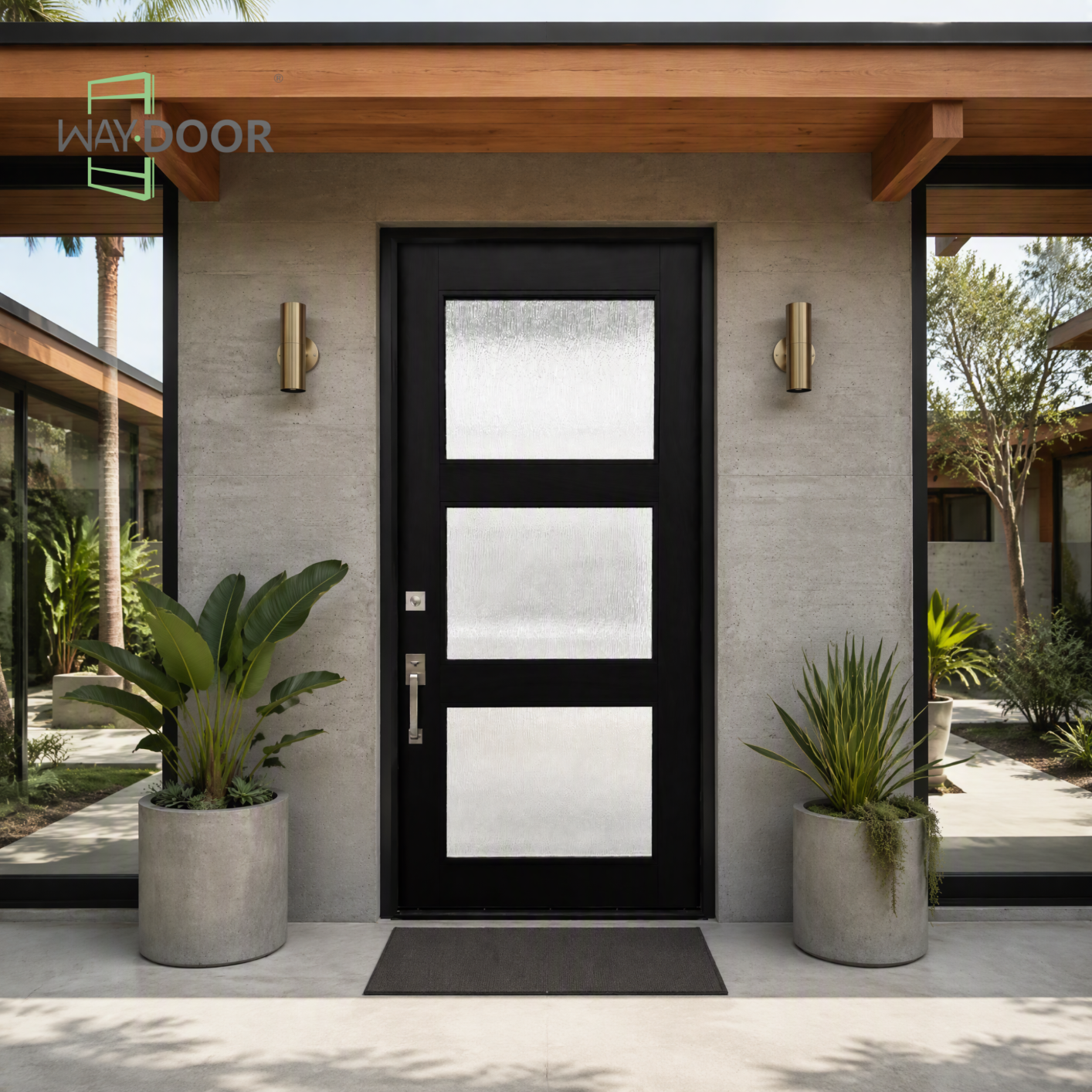 Modern 3-Lite Textured Glass Solid Wood Hinged Entry Door