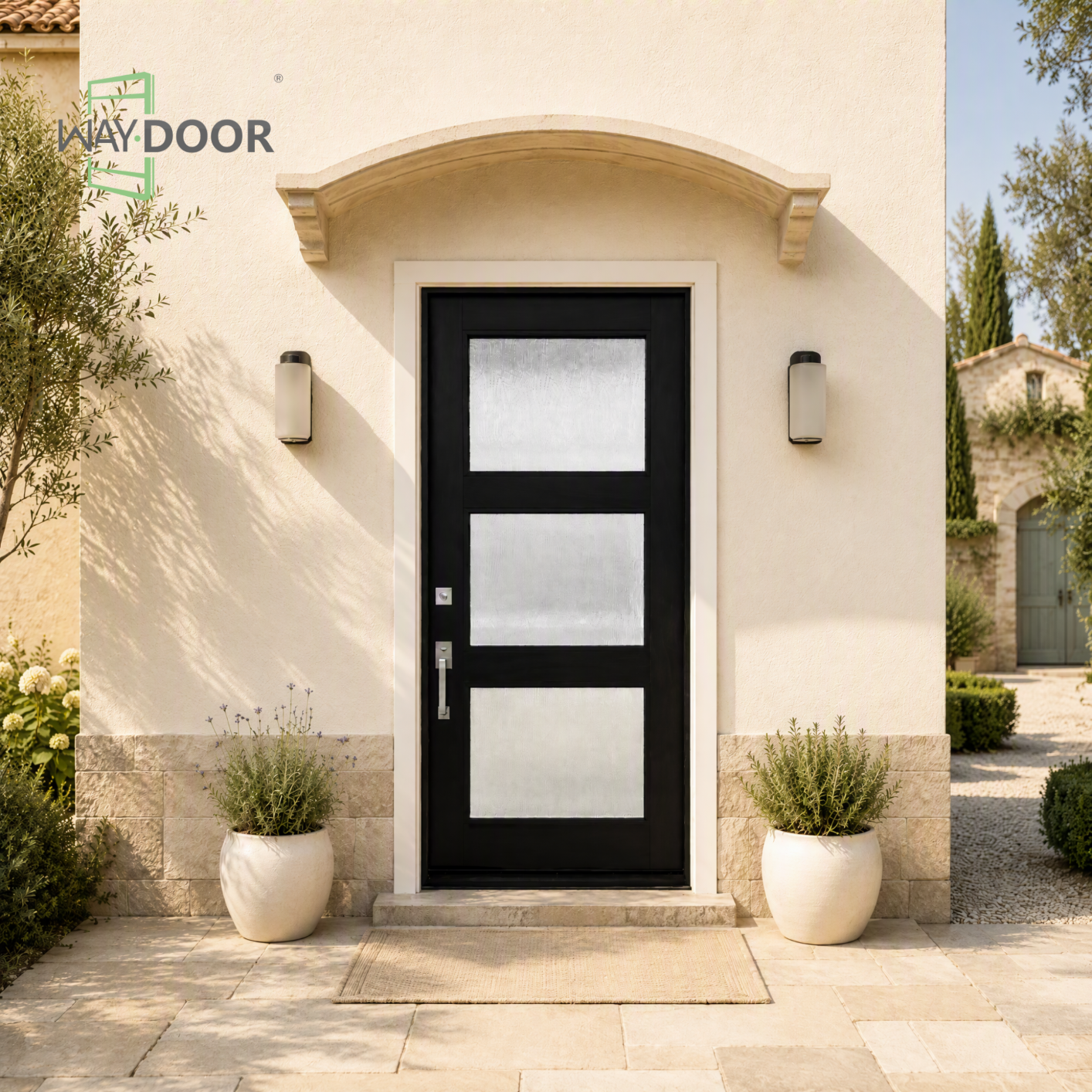 Modern 3-Lite Textured Glass Solid Wood Hinged Entry Door