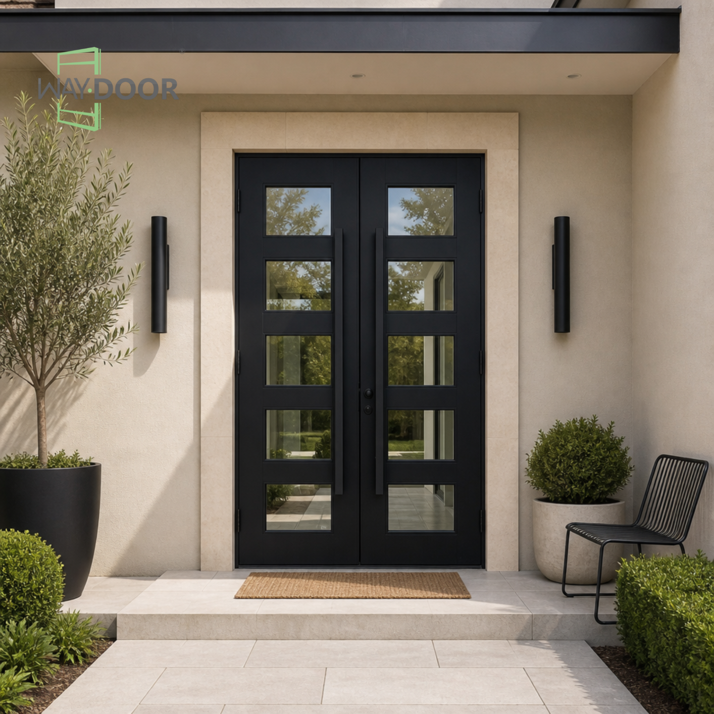 Modern 5-Lite Glass Double Solid Wood Hinged Exterior Door