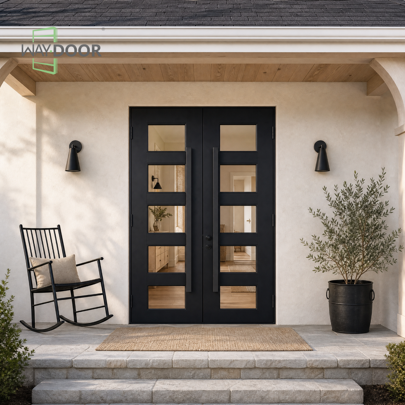Modern 5-Lite Glass Double Solid Wood Hinged Exterior Door