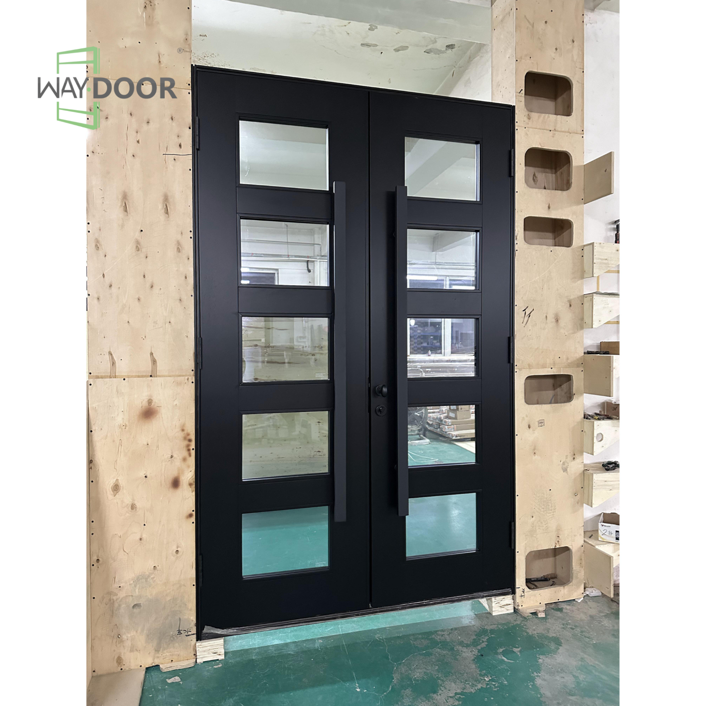 Modern 5-Lite Glass Double Solid Wood Hinged Exterior Door