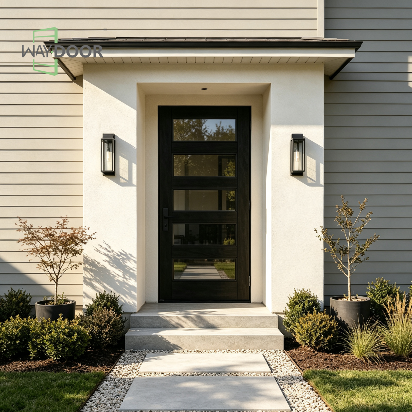 Modern 5‑Lite Horizontal Solid Wood Entry Door