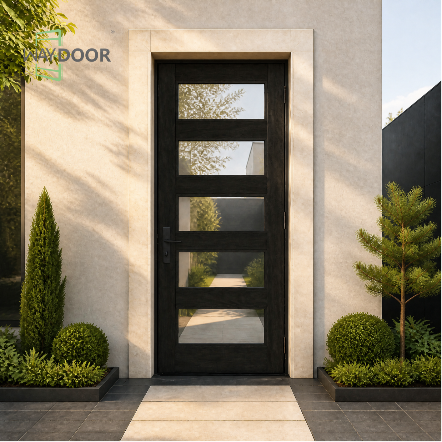 Modern 5‑Lite Horizontal Solid Wood Entry Door