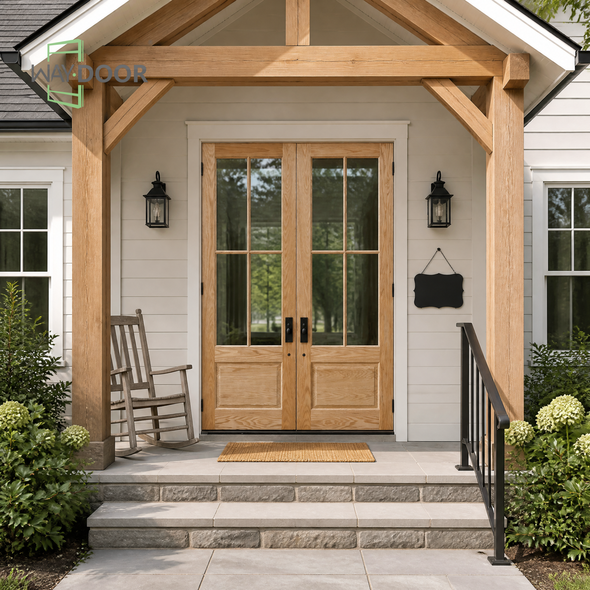 Modern Farmhouse 4-Lite Solid Wood Double Hinged Entry Door