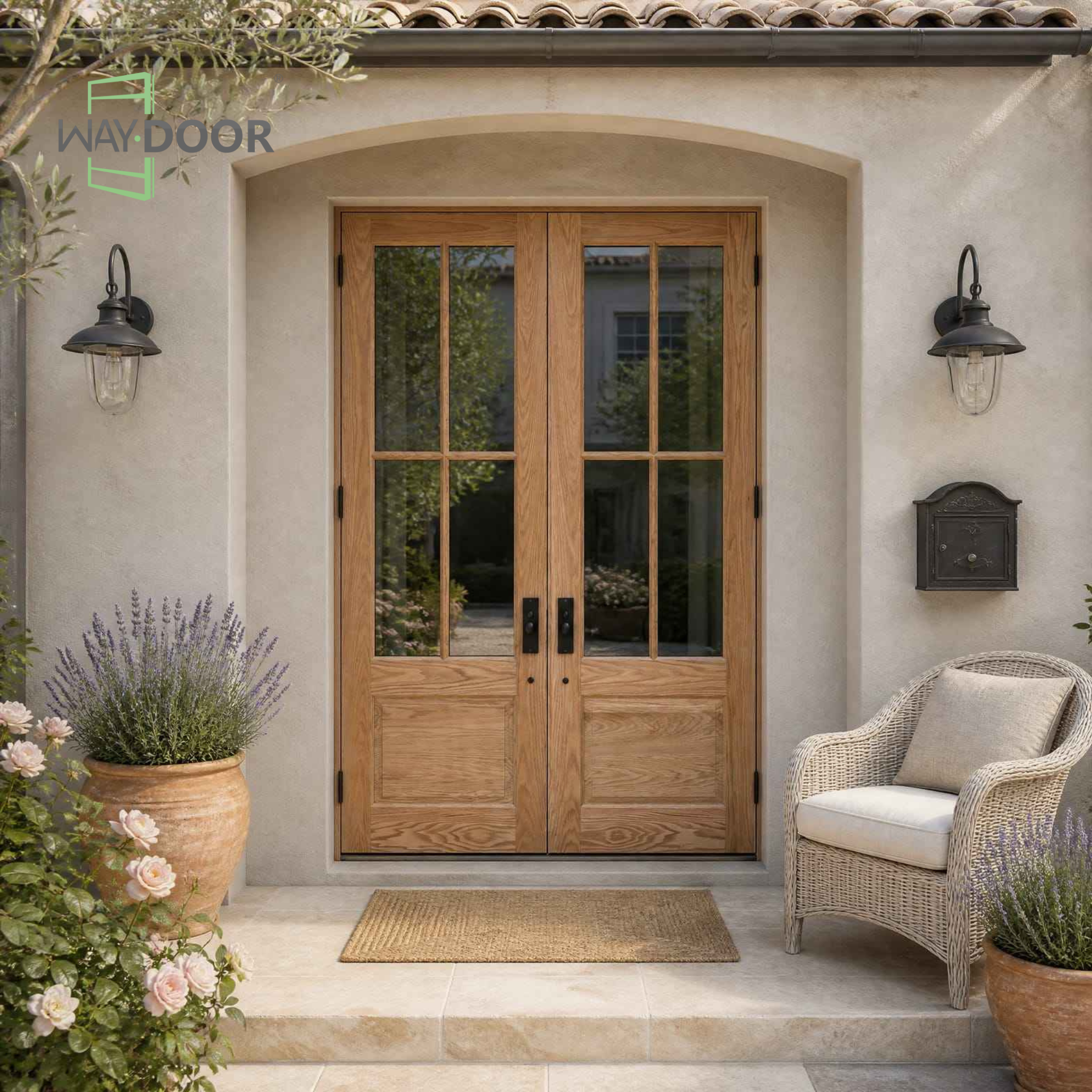 Modern Farmhouse 4-Lite Solid Wood Double Hinged Entry Door