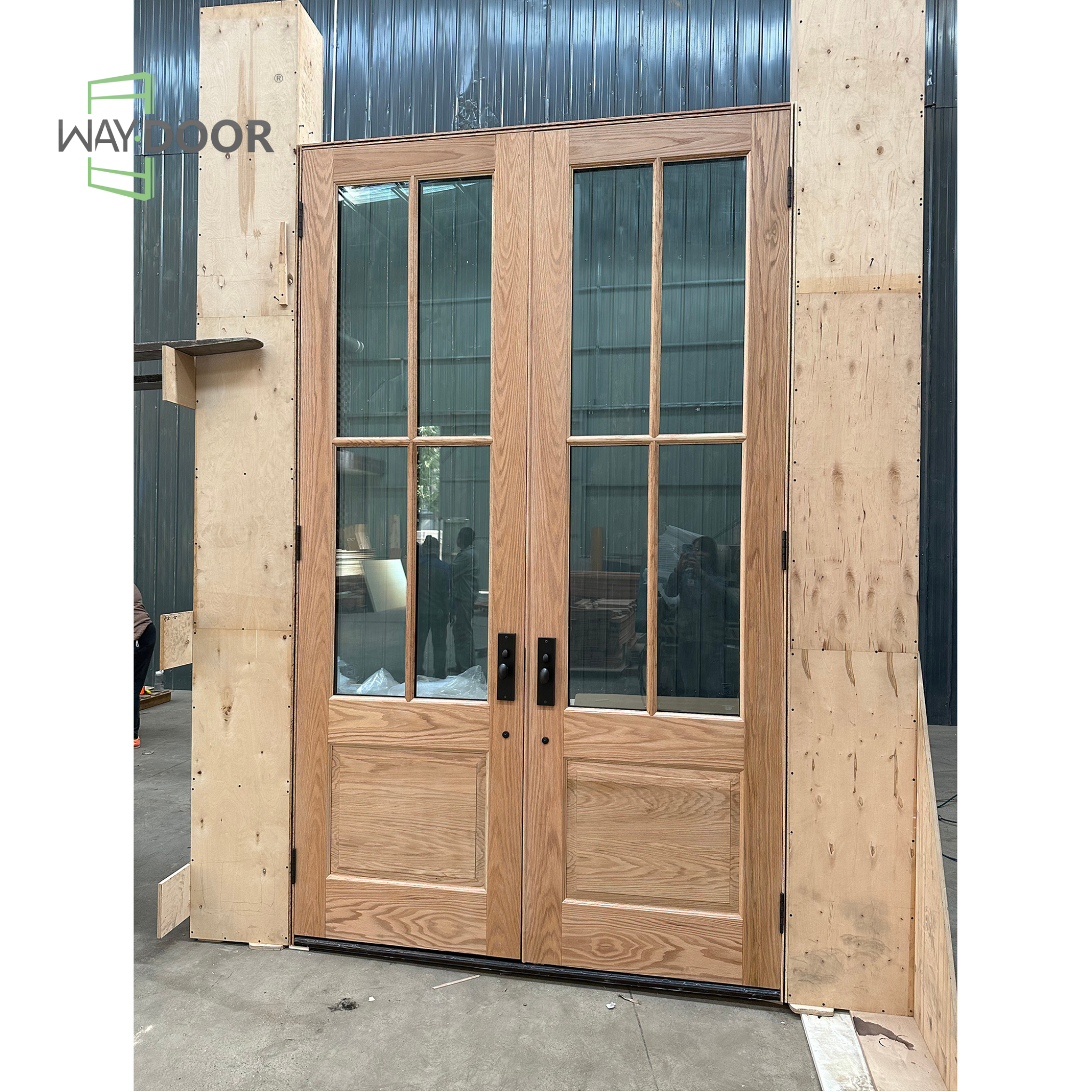 Modern Farmhouse 4-Lite Solid Wood Double Hinged Entry Door