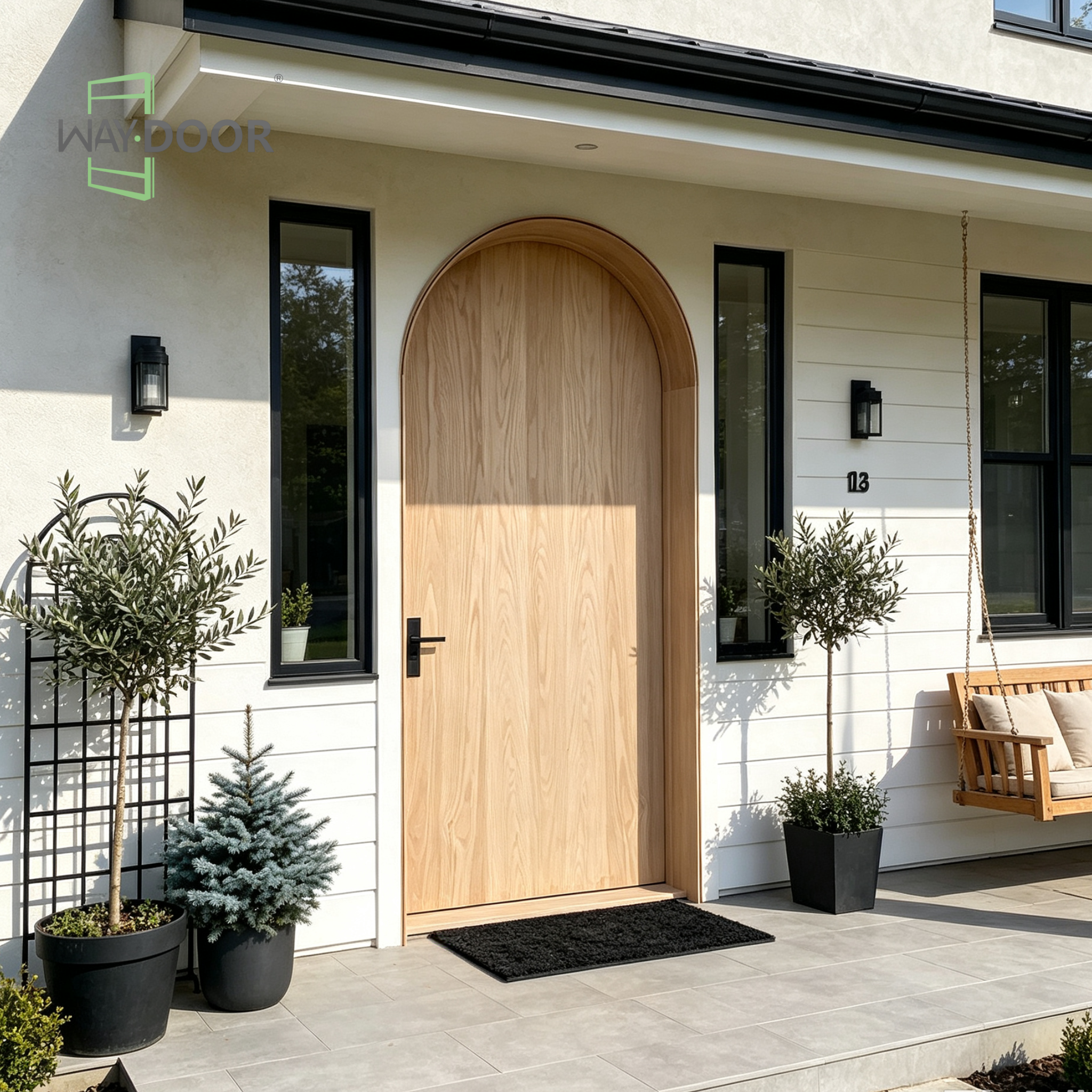 Modern Farmhouse Arched Solid Wood Single Hinged Entry Door