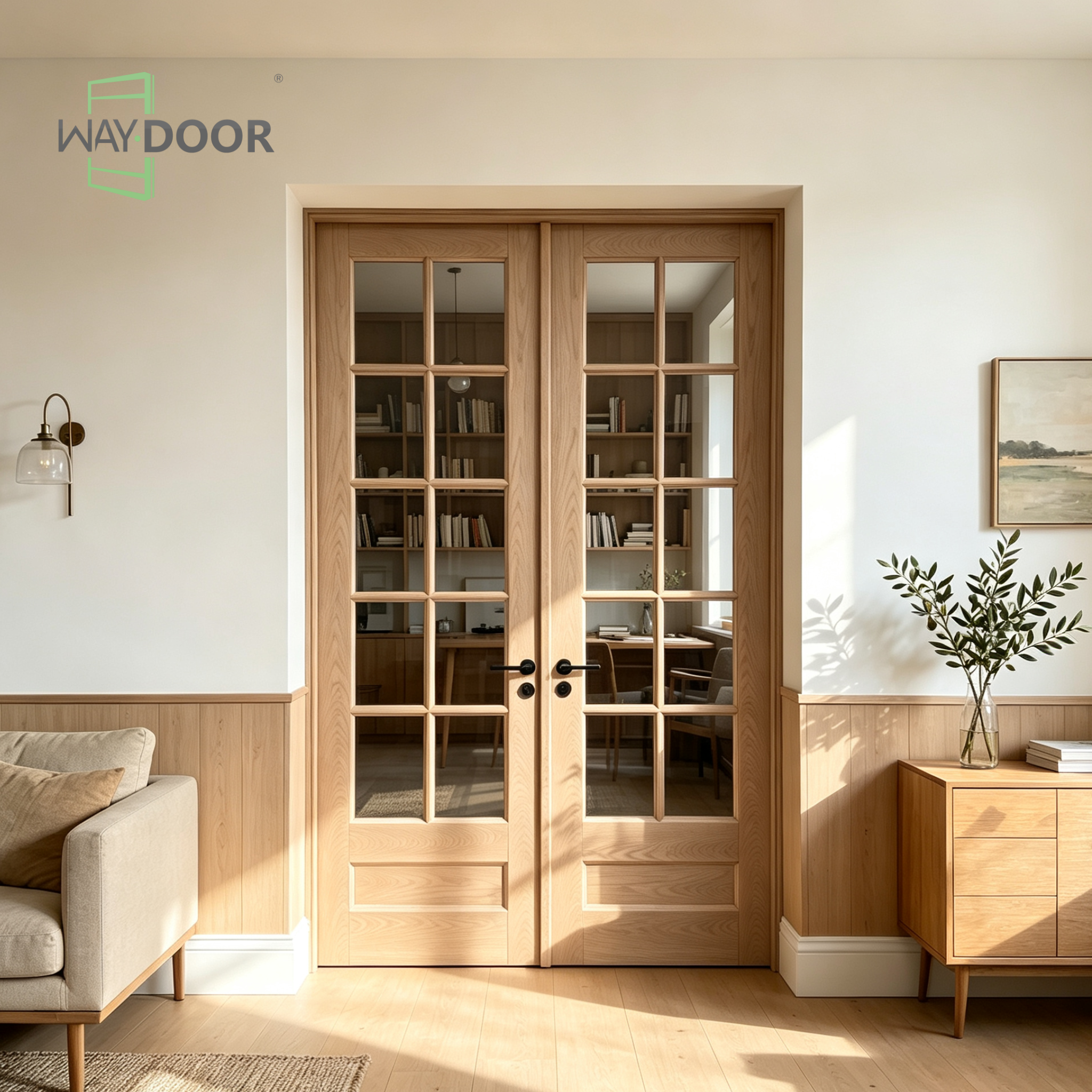 Modern Farmhouse Clear Glass Solid Wood Hinged Double Interior Doors