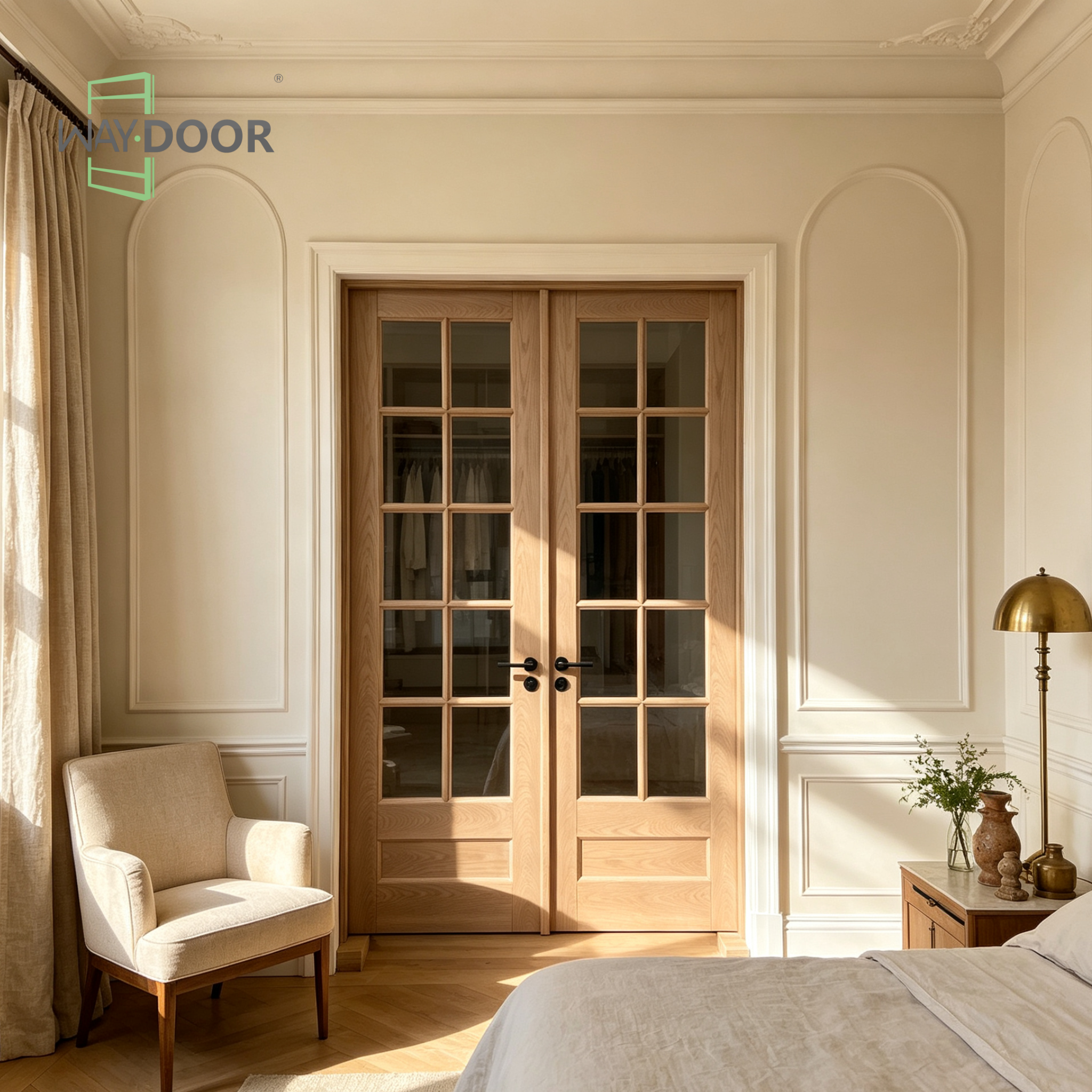 Modern Farmhouse Clear Glass Solid Wood Hinged Double Interior Doors